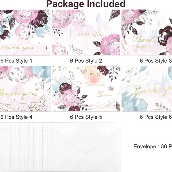 WEHVKEI 36 Pack Thank You Cards with Envelopes Light Pink and Blue Floral - Picture 2 of 2